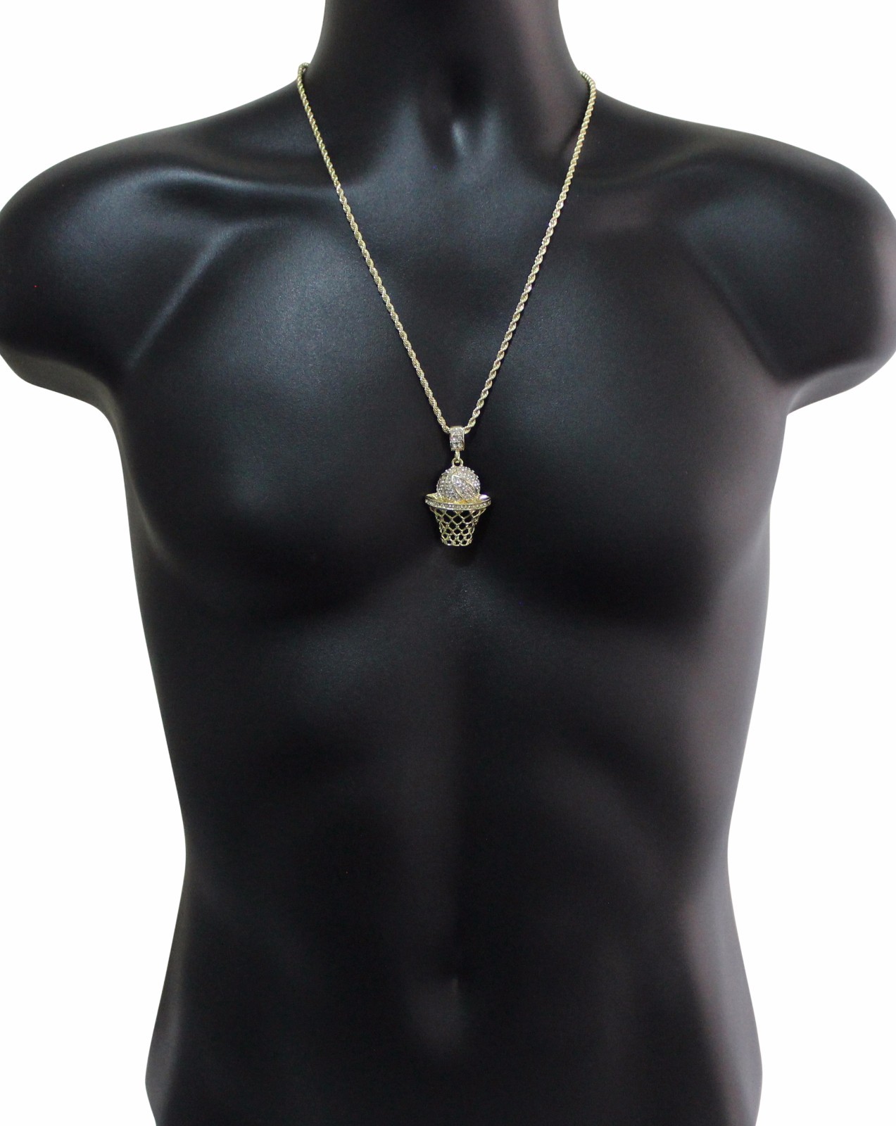 Iced Basketball CZ Pendant 14k Gold Plated 24″ Rope Necklace Hip Hop Jewelry