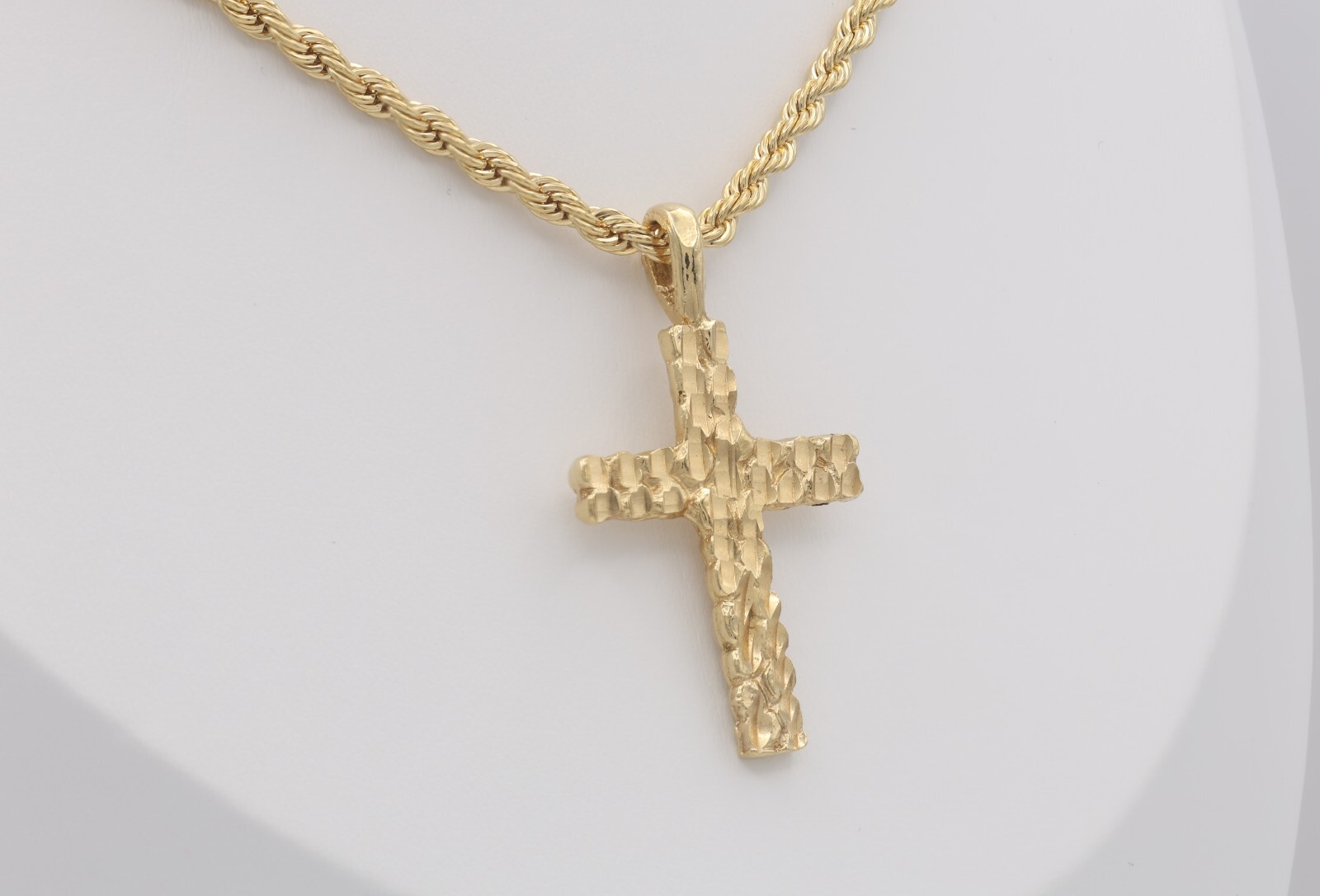Gold Nugget Cross Necklace, 3mm Rope Chain, 14k Heavy Plated Gold