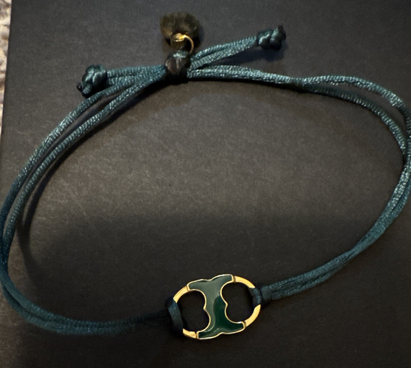 Adjustable Green Cord Drawstring Bracelet w/ Gold-Tone Enamel Link