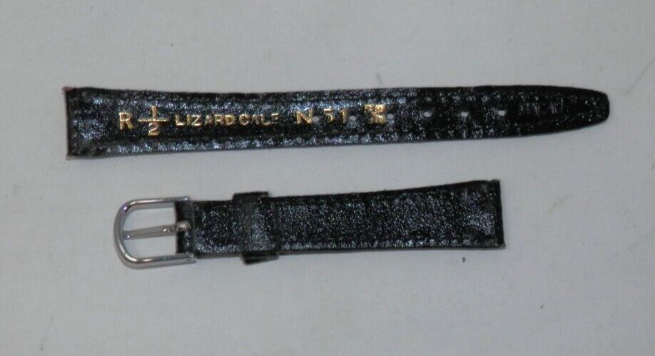 Vintage Flex-On Ladies Lizard Calf Watch Band 1/2″ Black Silver Buckle New NOS