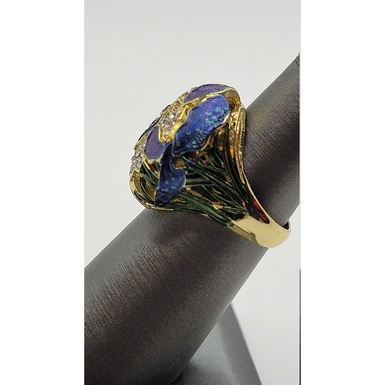 Cobalt Blue Iris Crystal Statement Dome Ring Rhinestones Pinky Size 5.5 Flower