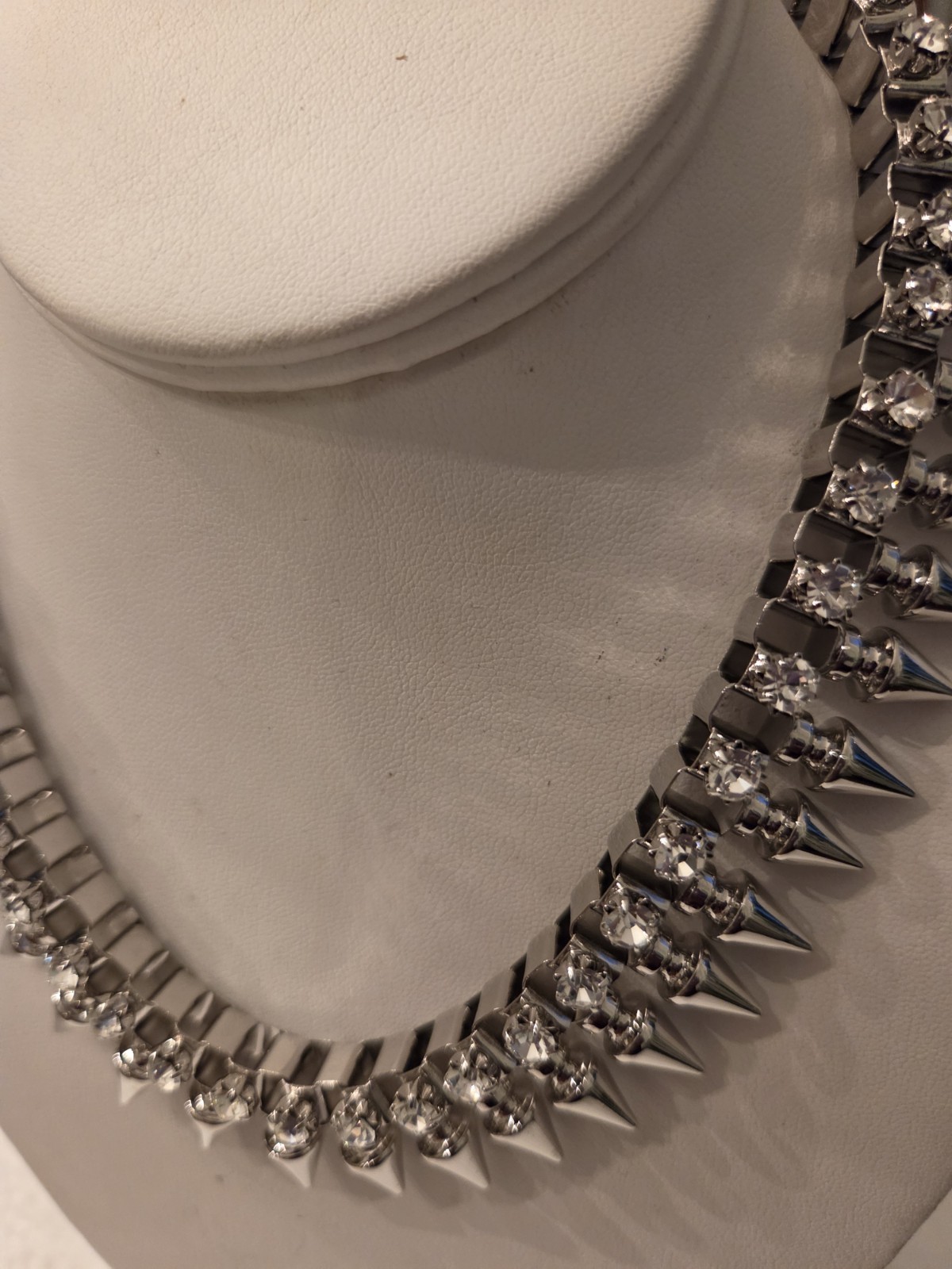 Silver Tone Spiked Crystal Statement Collar Bib Necklace Adjustable Hook Link