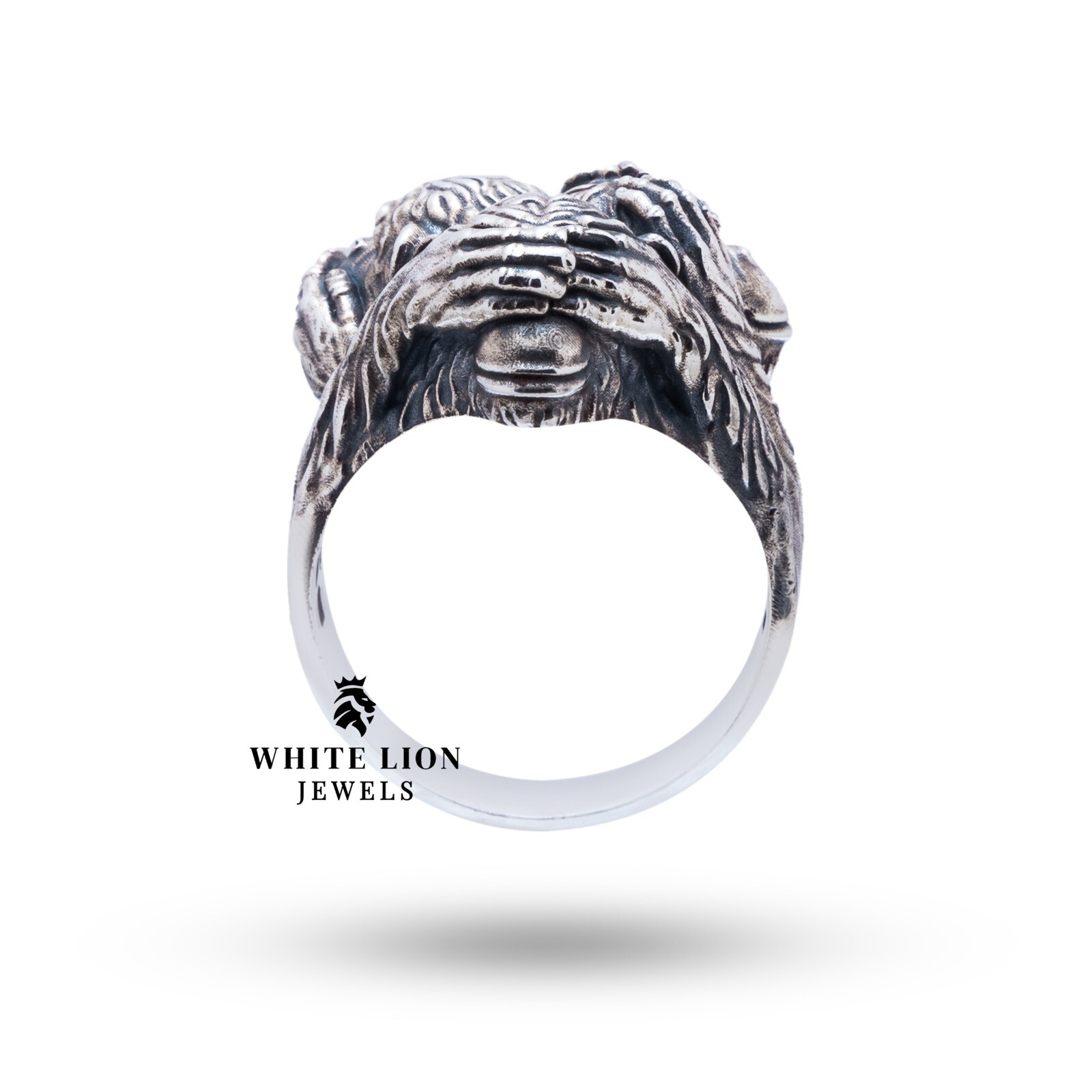 Three Wise Monkeys No Evil Speak Hear See 925 Silver Oxidized Men Biker Ring