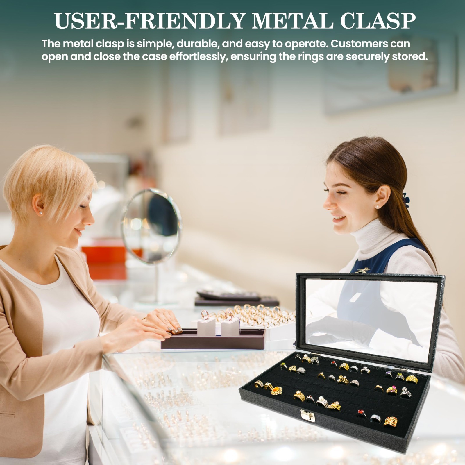 Glass Top Lid 72 Ring Black Showcase Jewelry Display Storage Organizer Box Case