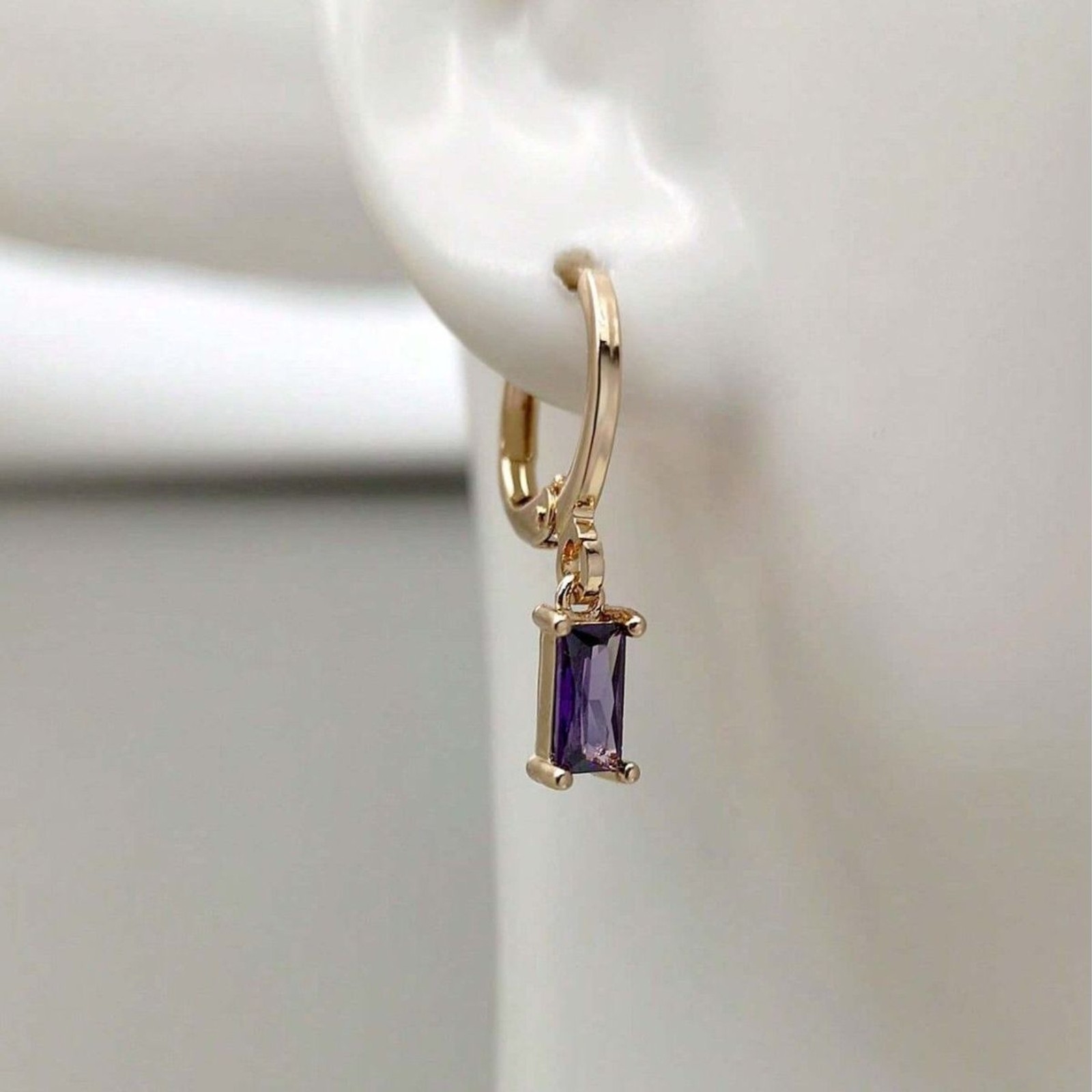 Emerald Cut Purple Zirconia Gold Hoop Earrings Dangle Pendant Drop Crystal Charm