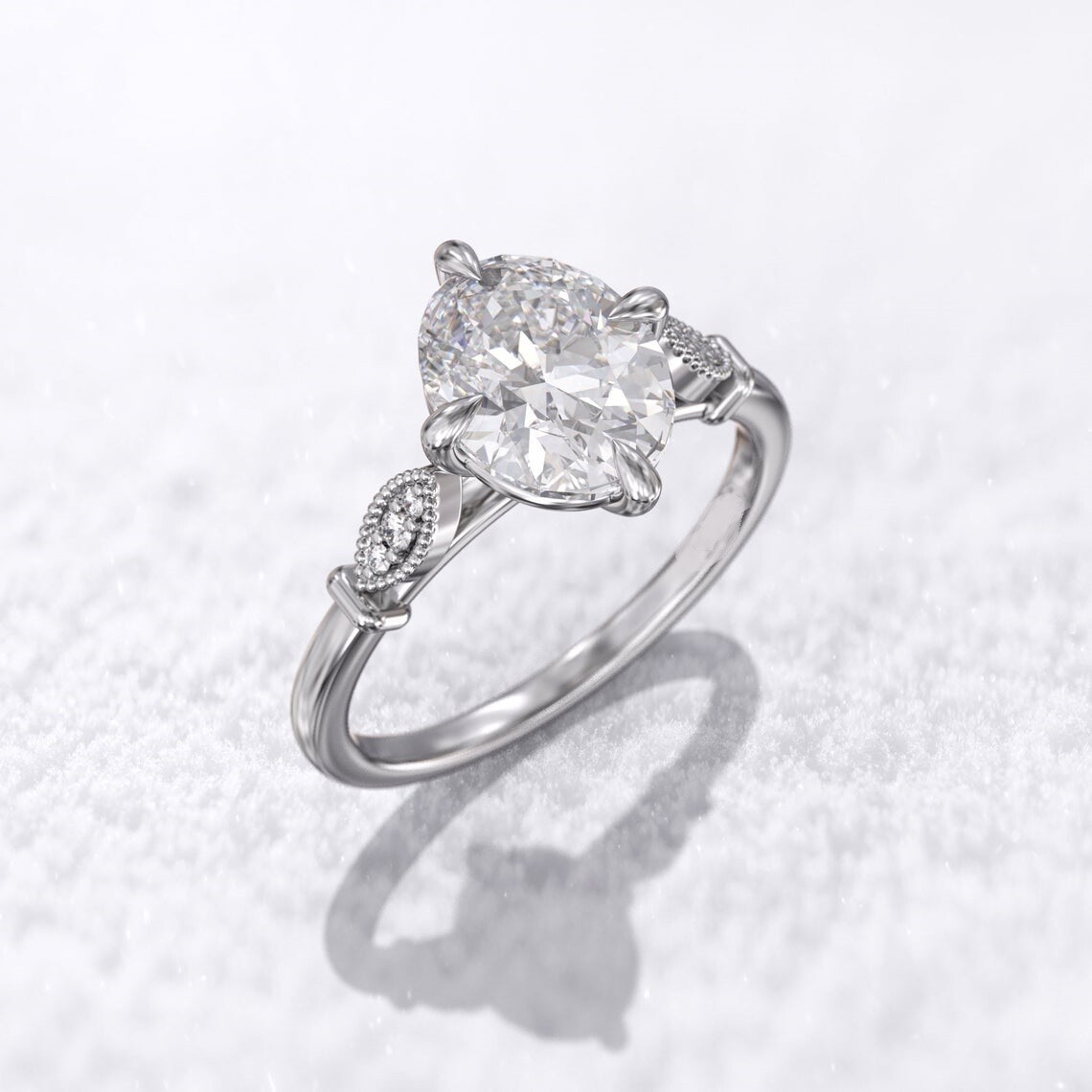 Lab Created 2.50 Ct Crushed ice oval diamond Art deco White silver Wedding Ring