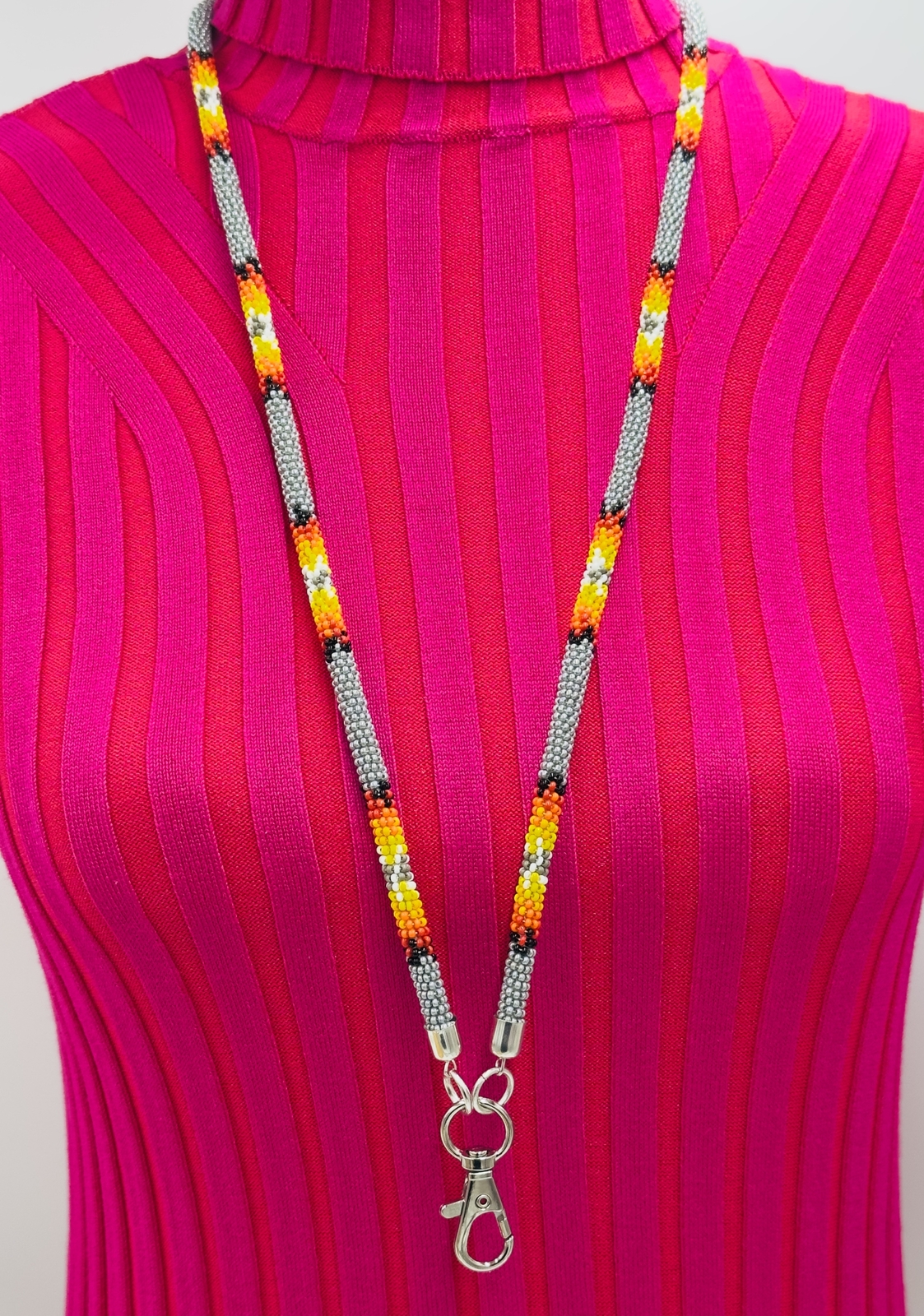 Handmade beaded Grey woven Southwestern lanyard