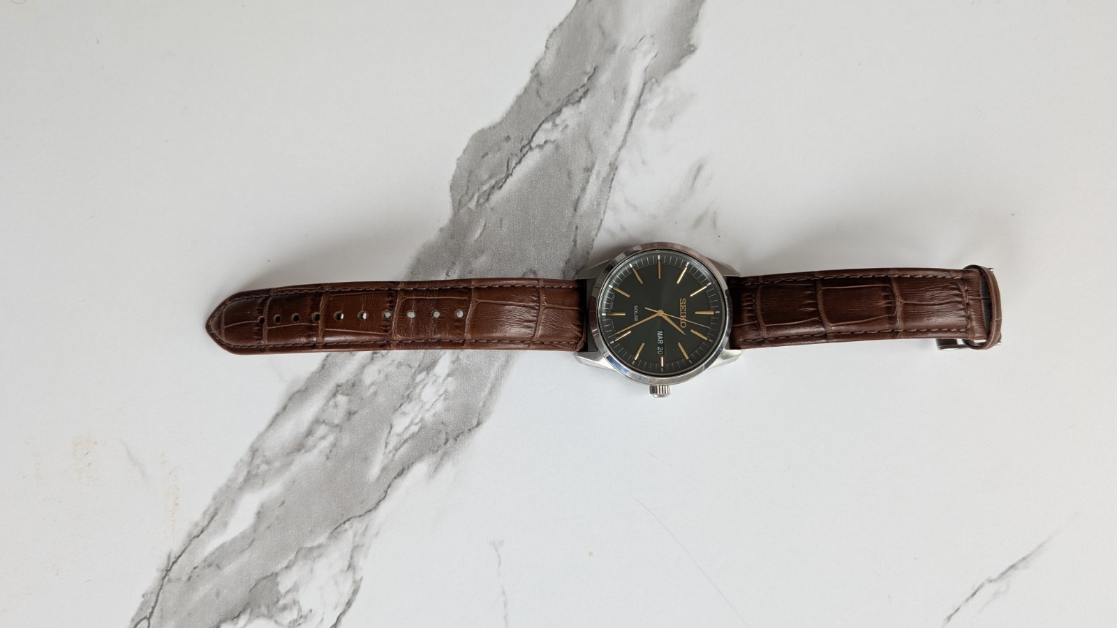 Seiko Essentials SNE529 Solar Men’s Watch – Green Dial, Brown Leather Band