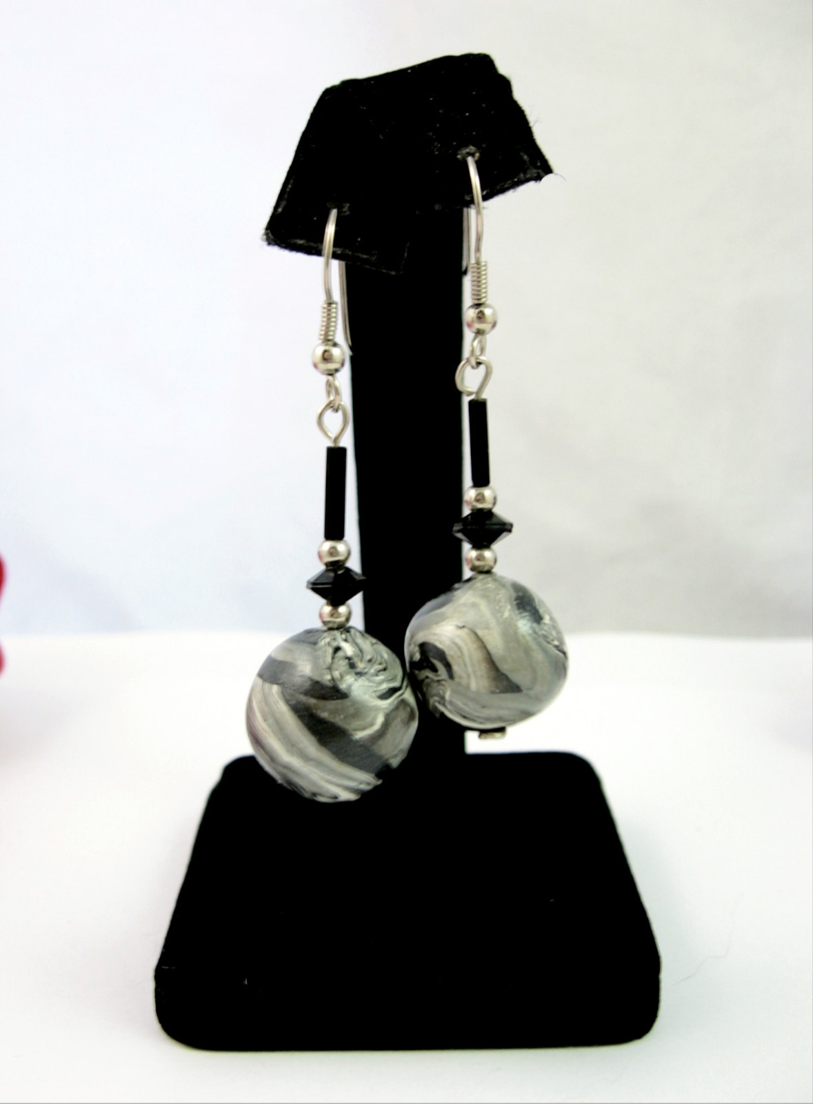 EARRINGS Vintage Pierced GRAY White BLACK MARBLED Beads Handmade Dangle Wires