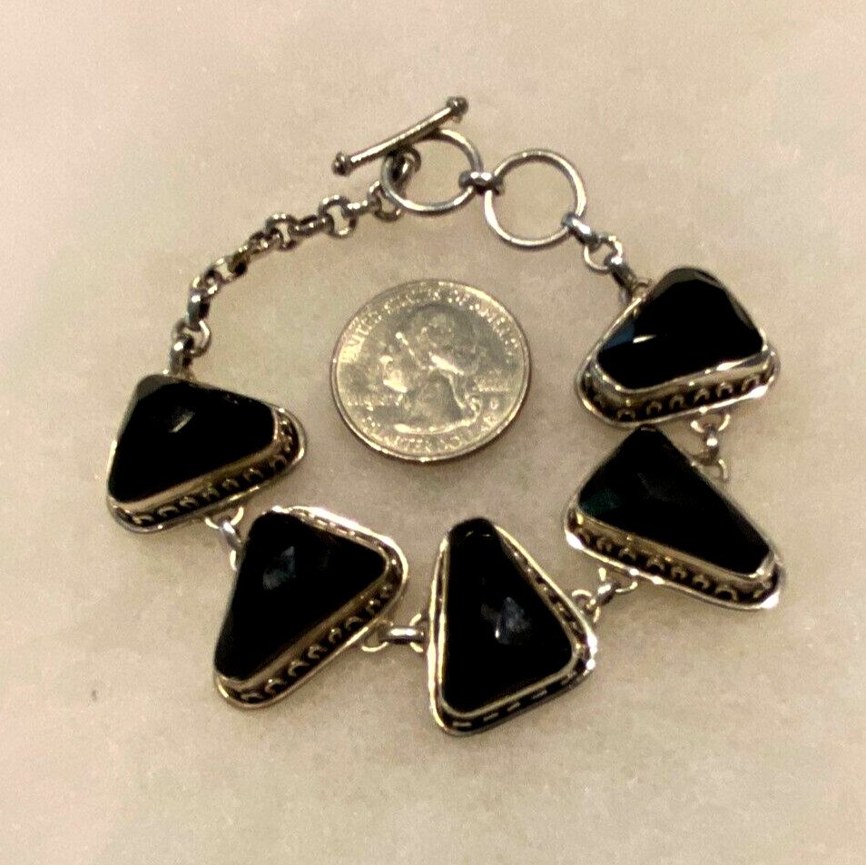Silver Faceted Onyx Triangular Link Adjustable Bracelet 8 In. Long – 40.0 Grams