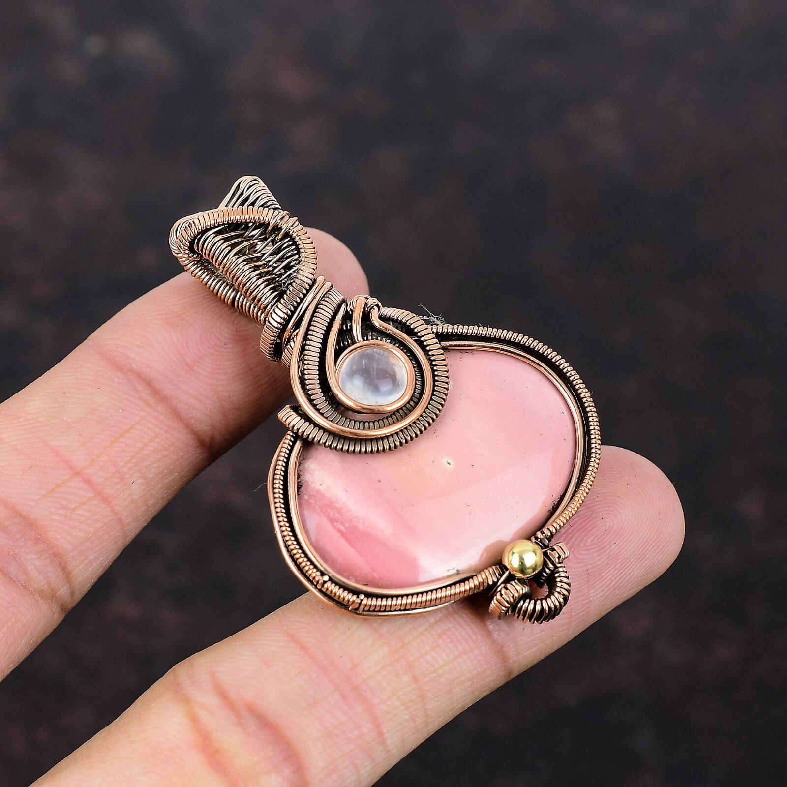 Pink Opal Gemstone Handmade Jewelry Copper Wire Wrapped Pendant For Women 2.32″