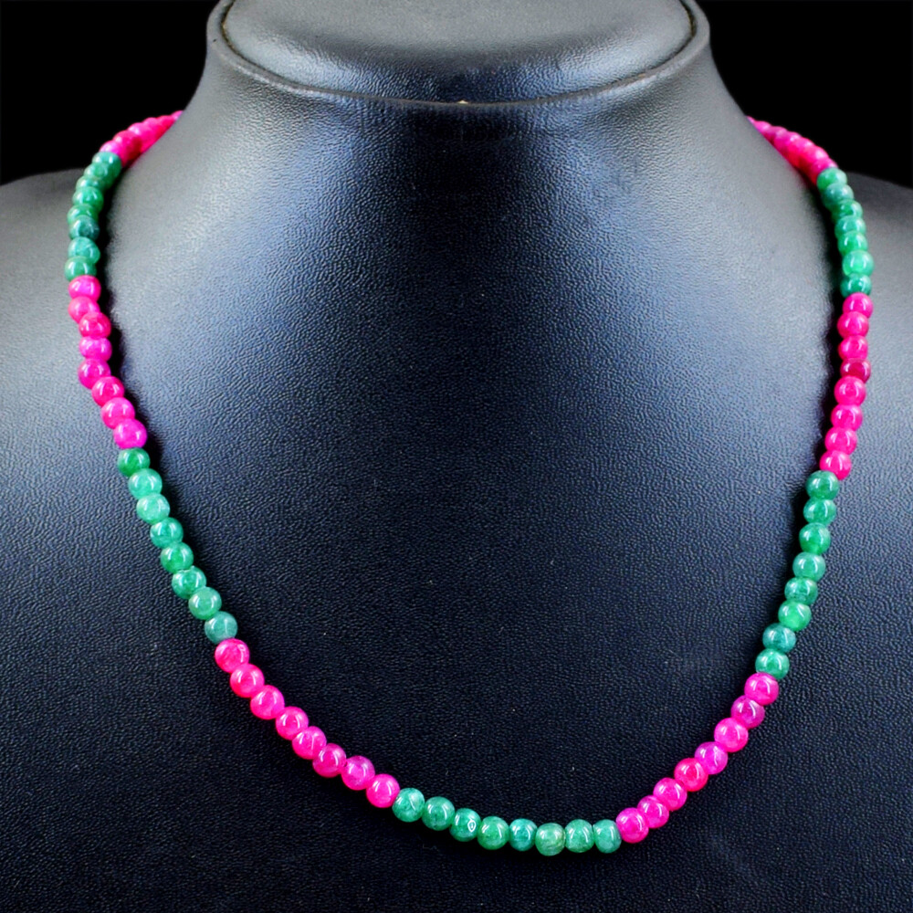 90.00 Cts Earth Mined Red Ruby & Green Emerald Round Beads Necklace NK 27E82