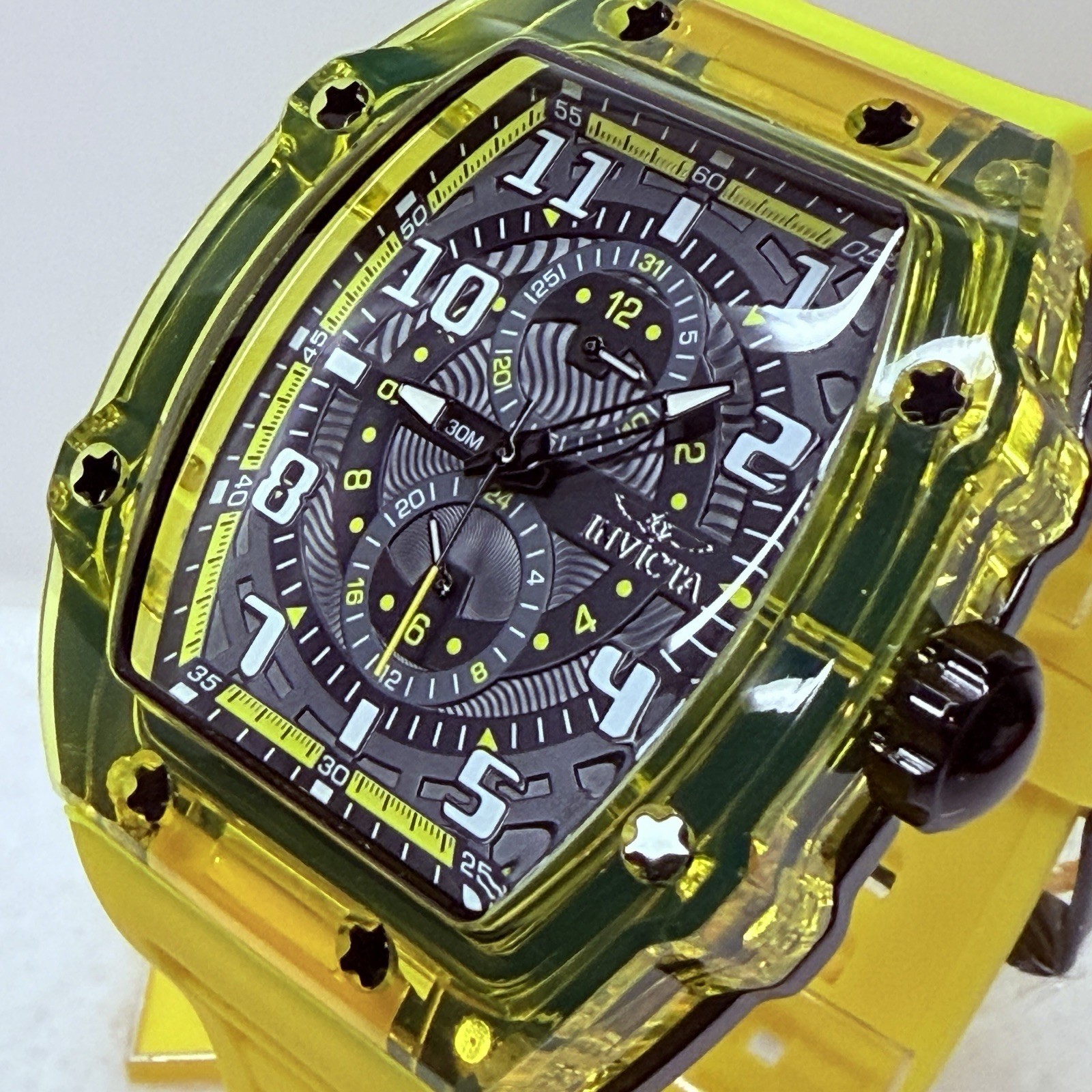 Invicta Racing Men’s 48.5mm Yellow Silicone Strap Quartz Black Yellow Watch New