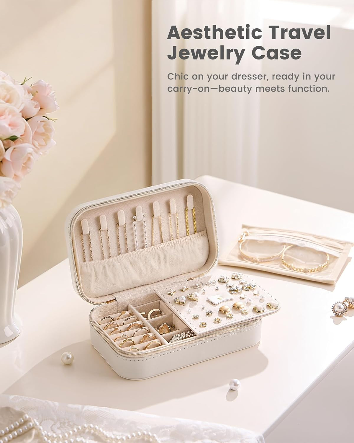 Travel Jewelry Case for Women, Portable Jewelry Organizer Box with Clear Bag Bei