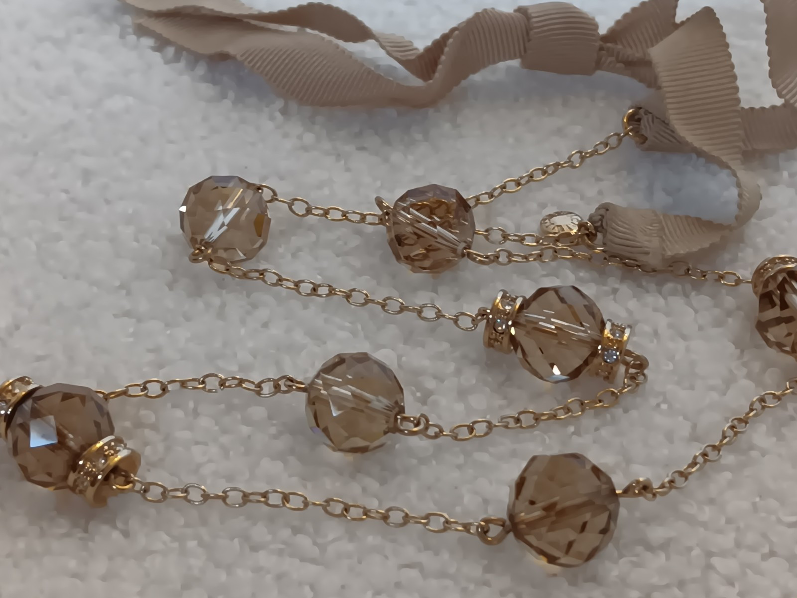 J Crew Goldtone Faceted Smoky Crystal Station Necklace Ribbon Closure 20-30 in