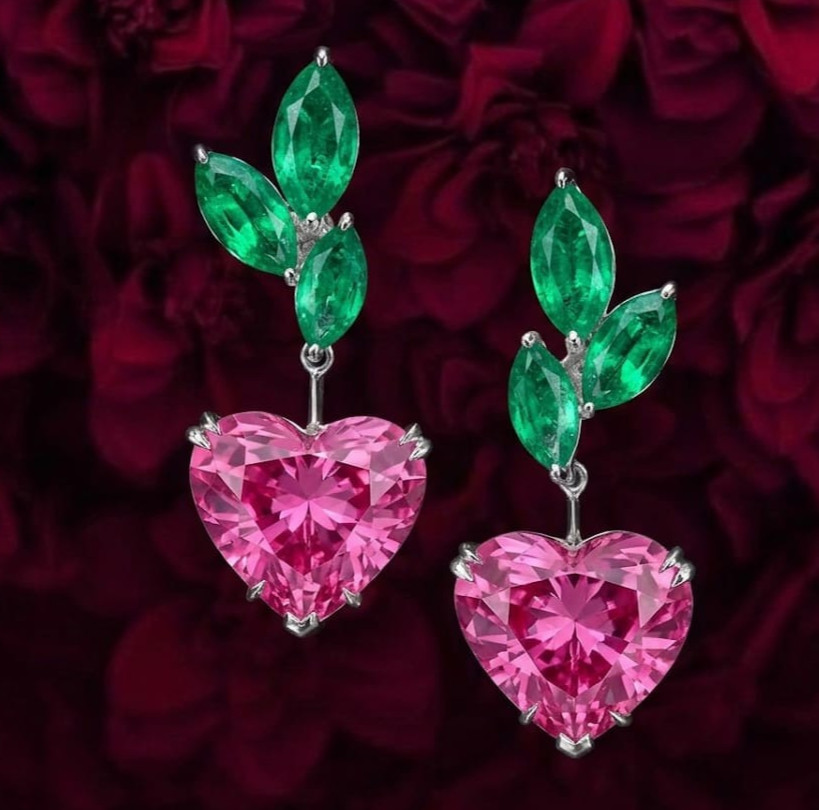 6ct Heart Simulated Pink Ruby/Emerald Drop Stud Earrings 14k White Gold Finish