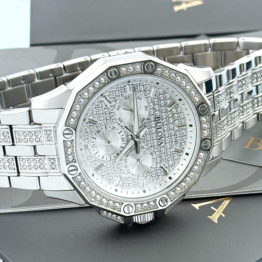 Men’s Bulova 96C134 Octava Crystal Chronograph Silver Dial Quartz Watch 41.5mm