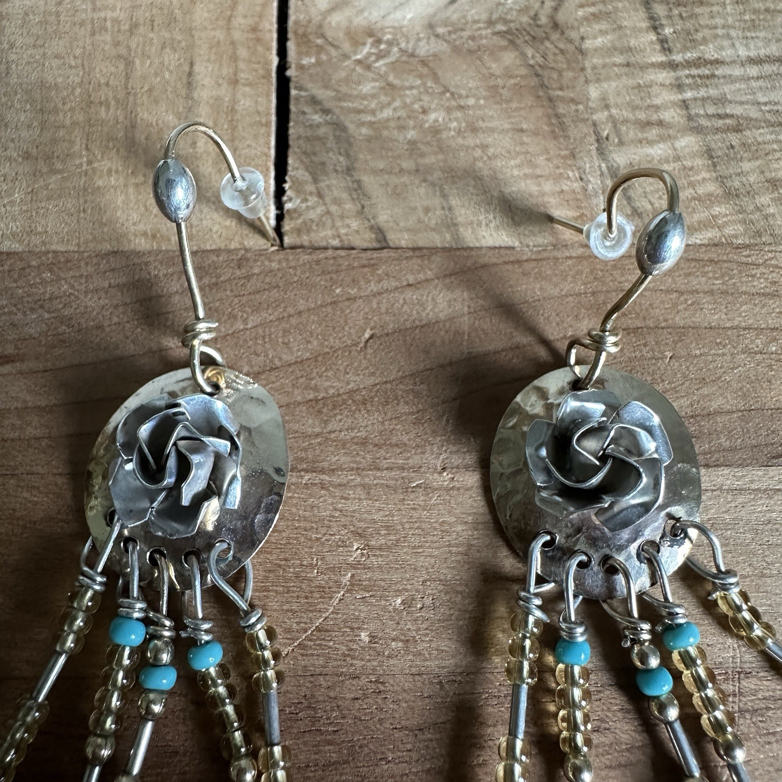 Artisan Western Hook Dangle Earrings 3 Inch Mixed Metals Beads Roses Hearts Love