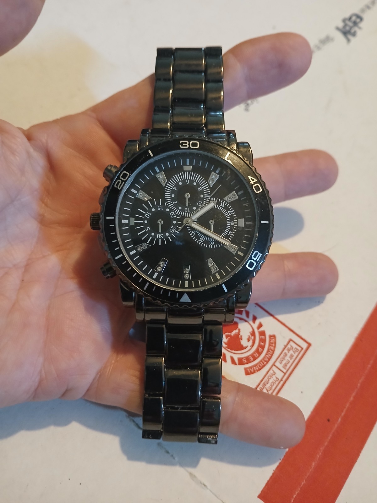 Accutime Watch Corp Men’s 8” Black Watch Metal BAND AND STONES