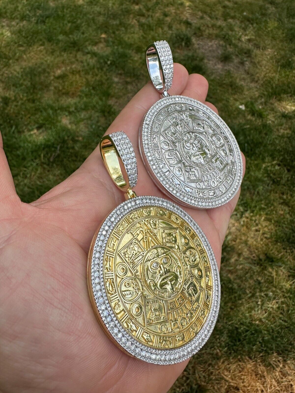 HUGE Moissanite Aztec Calendar Mayan Sun God Iced 925 Silver Pendant Necklace
