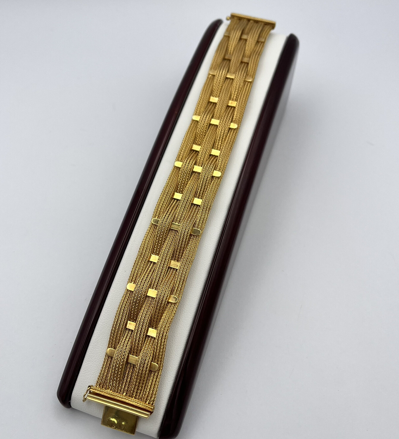 18k 750 Weave Mesh Yellow Gold Bar Wide 21mm Bracelet 7.25″ Heavy 42.8 grams B.L
