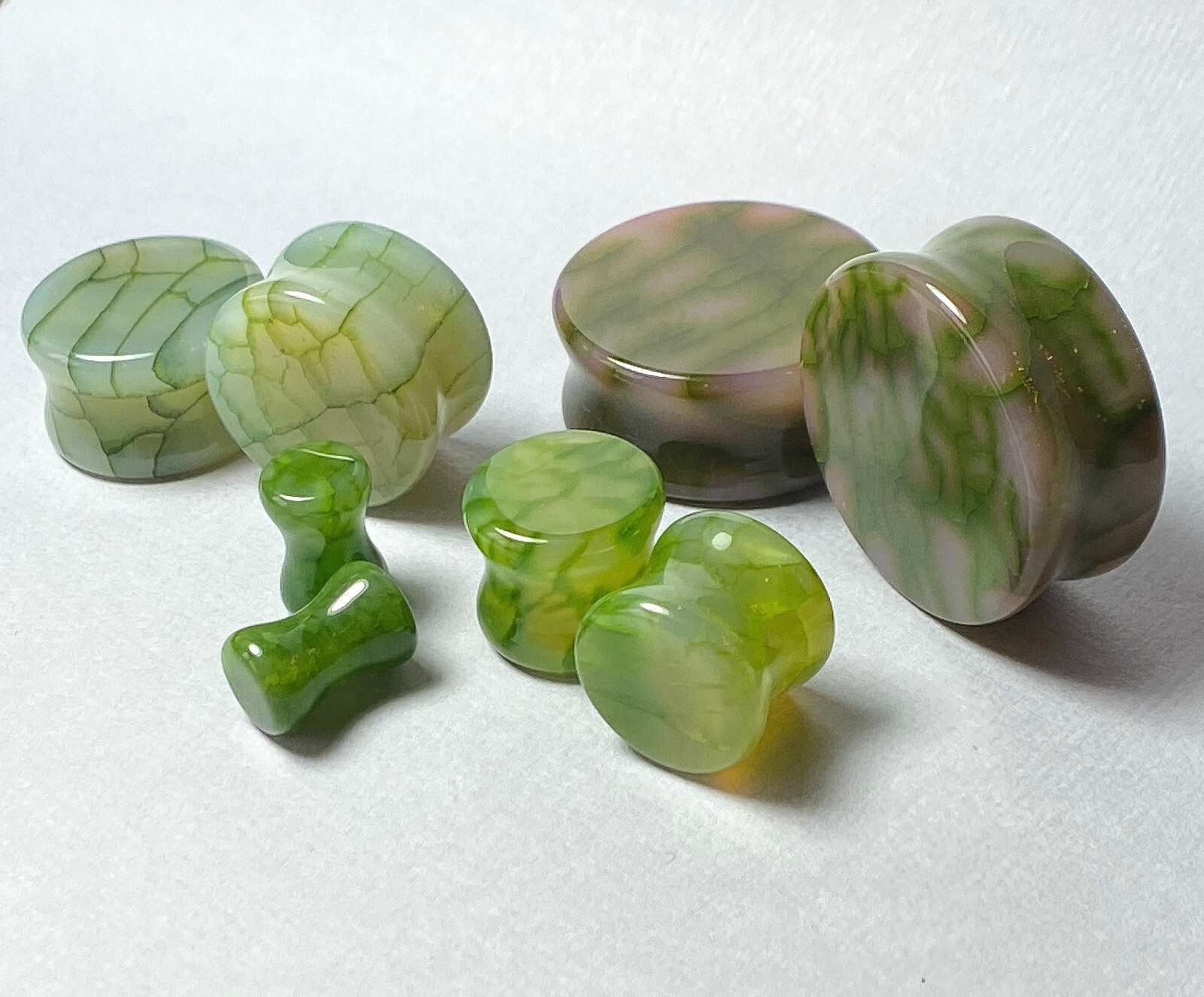 PAIR Green Dragons Vein Agate Stone Double Flare Plugs Organic Earlets Gauges