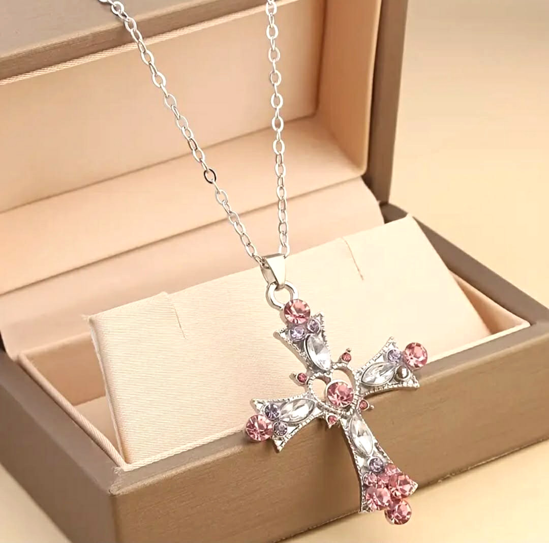 Pink Cross Pendant Necklace Silver Plated Zinc Alloy Fashion Jewelry