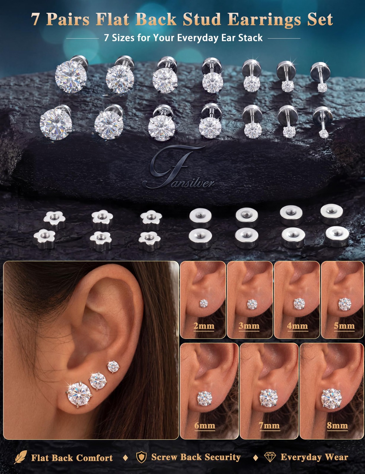 20G Hypoallergenic Flat Back Earrings for Women Men Silver 14K Gold Stainless…