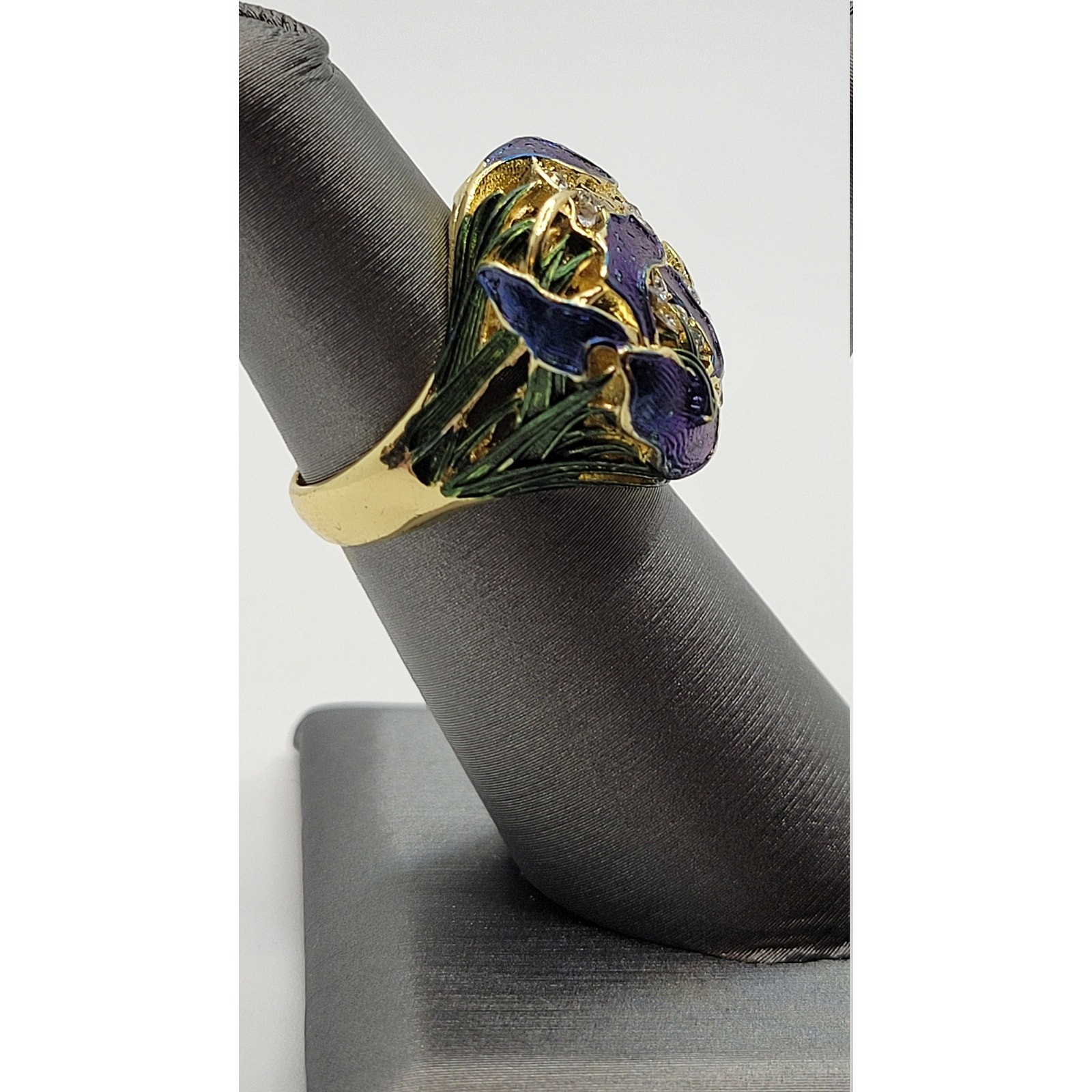 Cobalt Blue Iris Crystal Statement Dome Ring Rhinestones Pinky Size 5.5 Flower