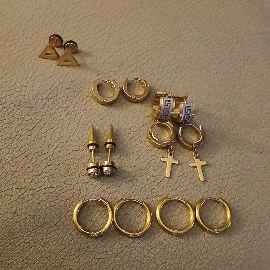 7 Gold Tone Metal Assorted Stud Hoop Huggie Cross Dangle Earrings Butterfly