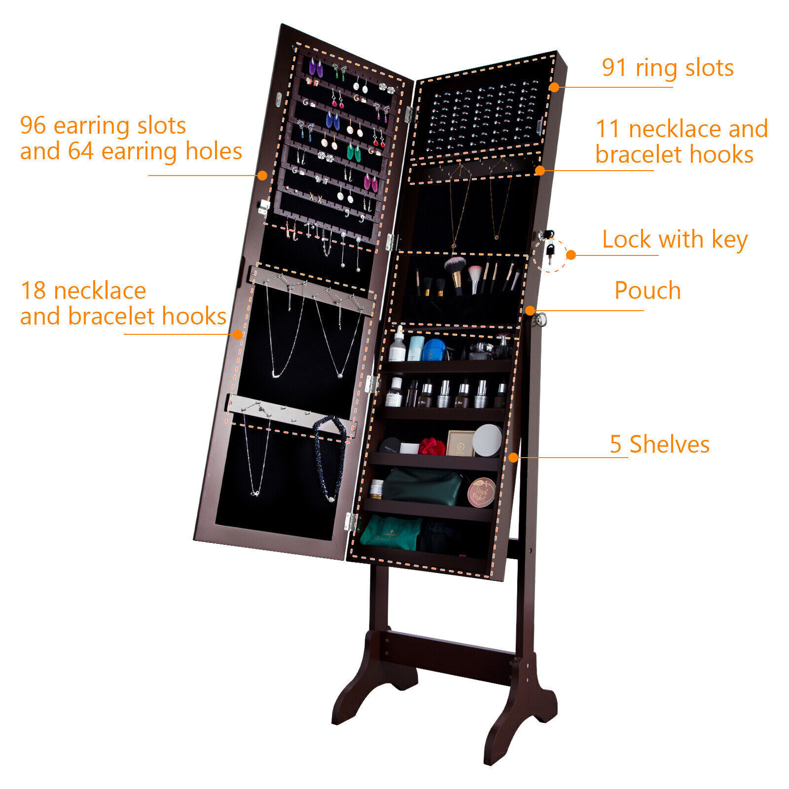 Standing Wooden Jewelry Cabinet Mirror Armoire Free Lockable Adjustable Angle