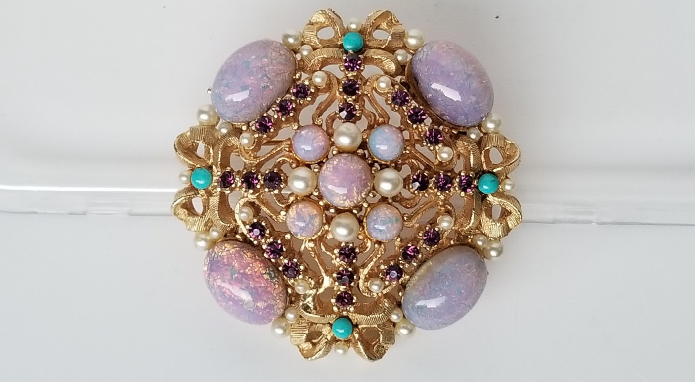 Vintage R. MANDLE Faux Opal, Pearl & Turquoise Rhinestone Gold Tone Pin Brooch