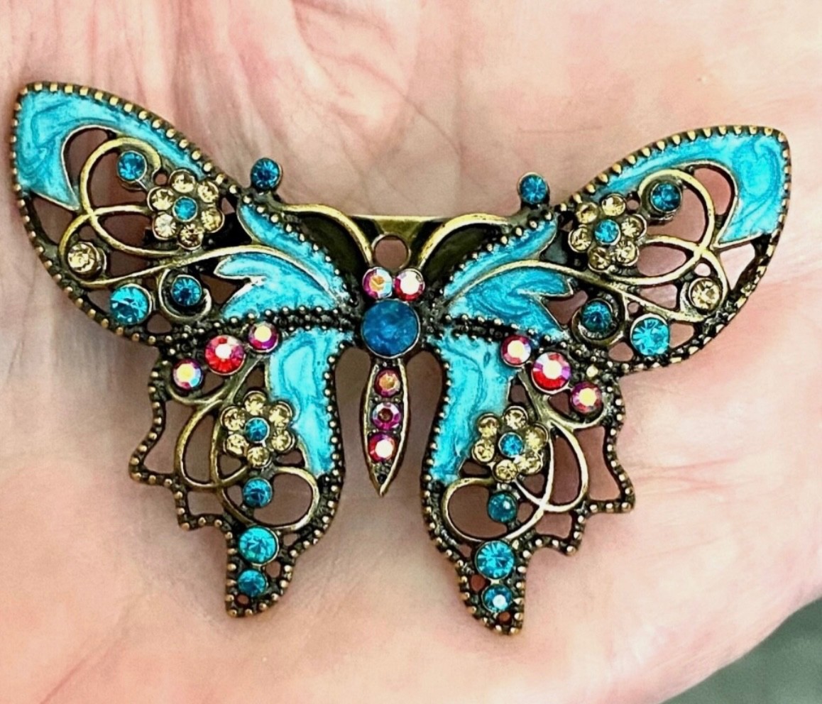 Aqua Blue Butterfly Rhinestone Brooch Box included