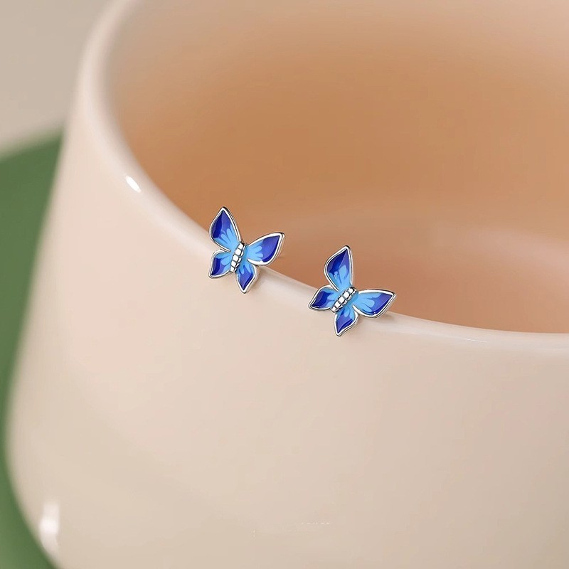 Women 925 Sterling Silver Blue Enamel Butterfly Stud Post Earrings Gift F29