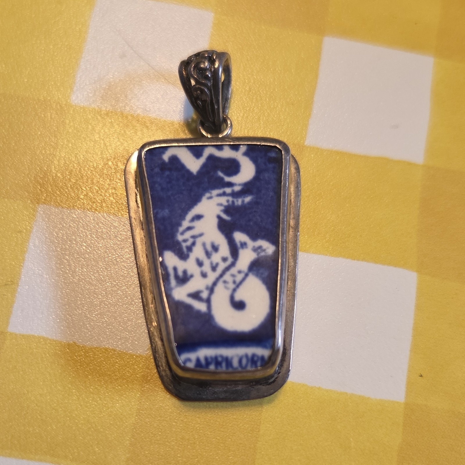 Sterling Silver 925 Blue & White Capricorn Zodiac Rectangle Pendant