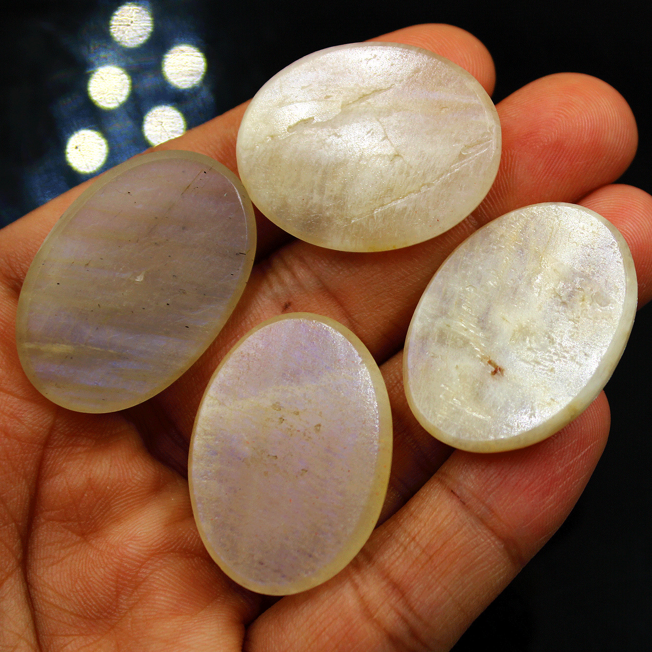 4 Pcs Natural Blue Shine Rainbow Moonstone 33mm-35mm Oval Cabochon Gemstones Lot