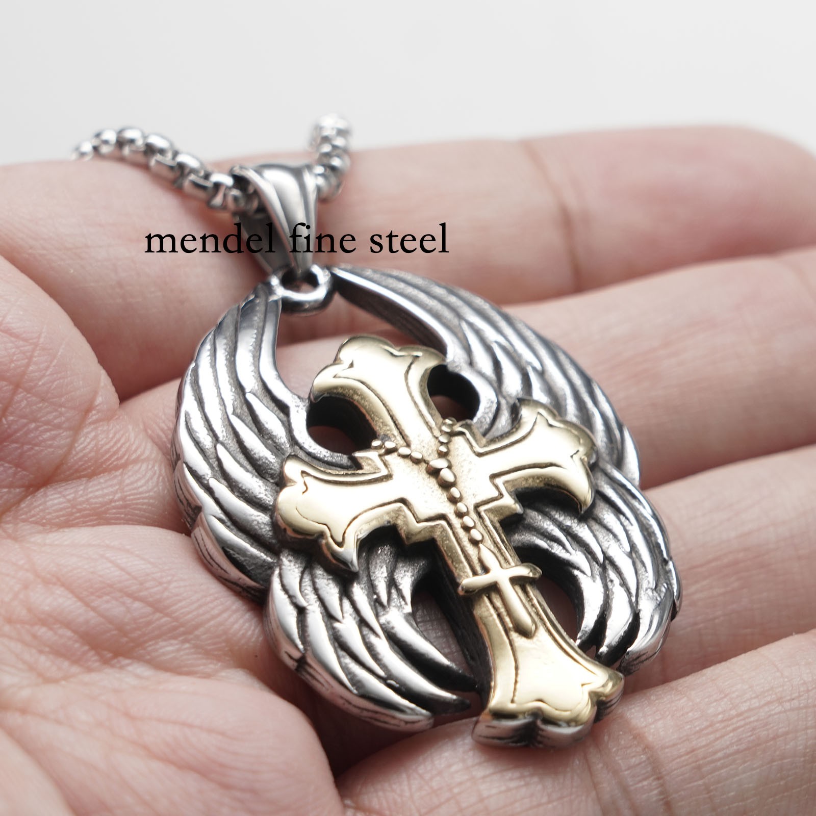 MENDEL Mens Angel Wings Biker Cross Pendant Necklace For Men Stainless Steel