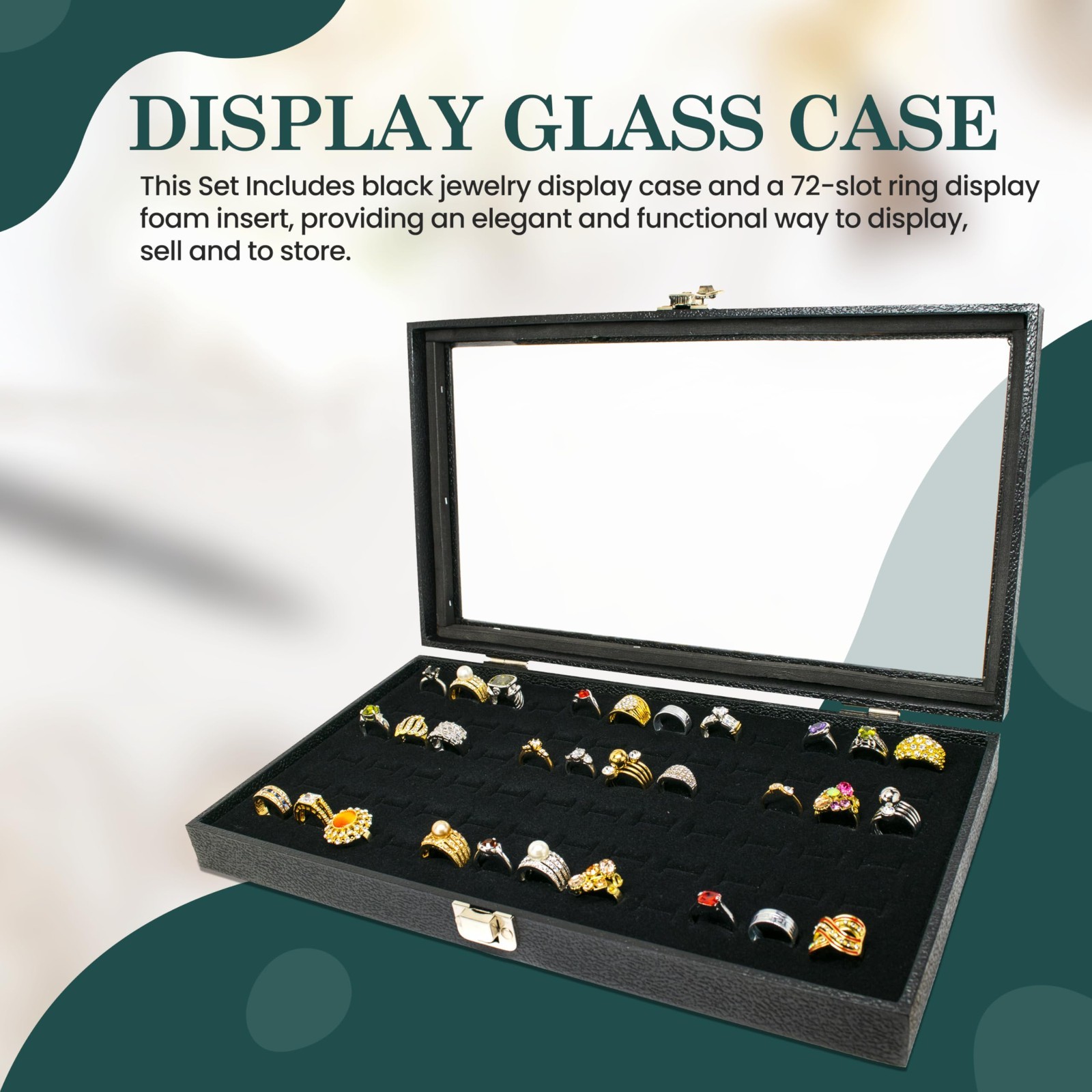 Glass Top Lid 72 Ring Black Showcase Jewelry Display Storage Organizer Box Case