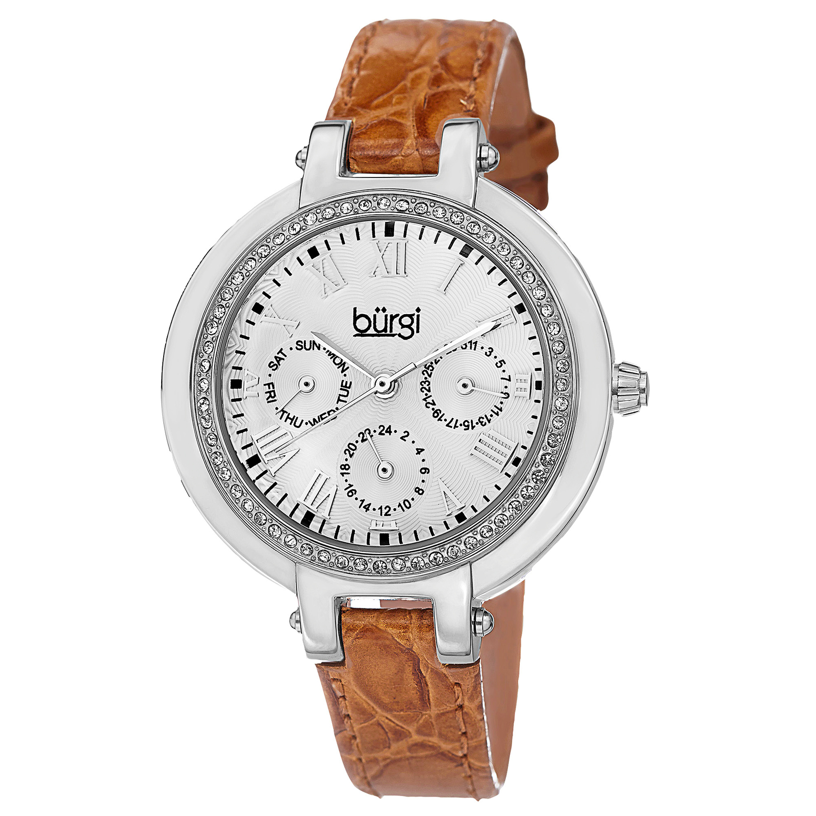 New Women’s Burgi BUR085OR Multifunction Crystal Bezel Brown Leather Strap Watch