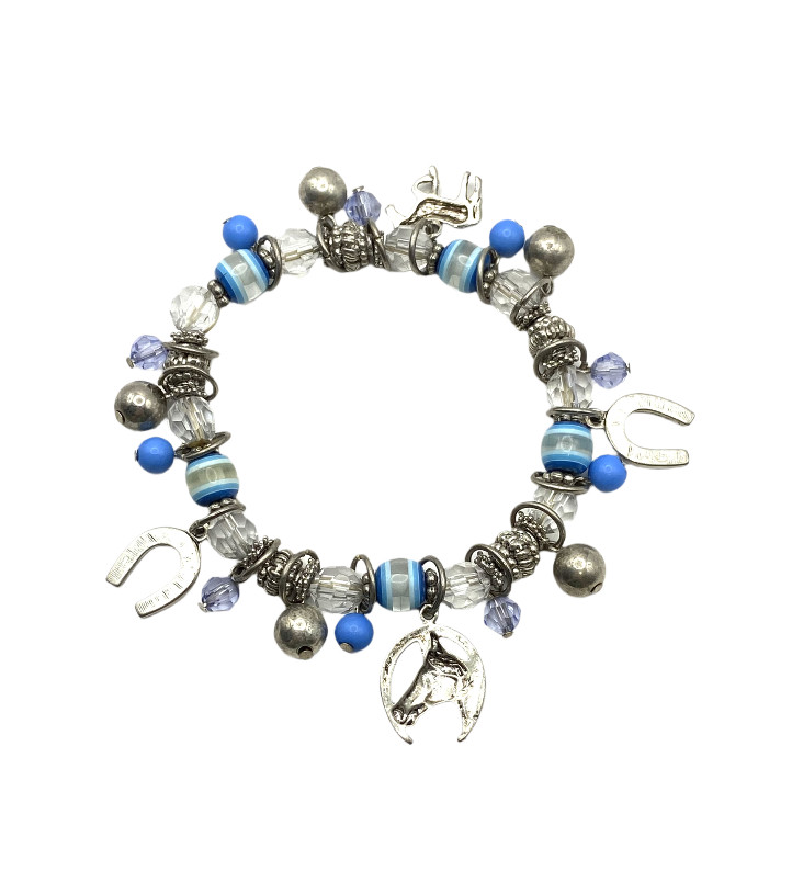 Blue-Clear Beaded Stretch Horse Horseshoe Charm Bracelet Silver Tone Equestrian