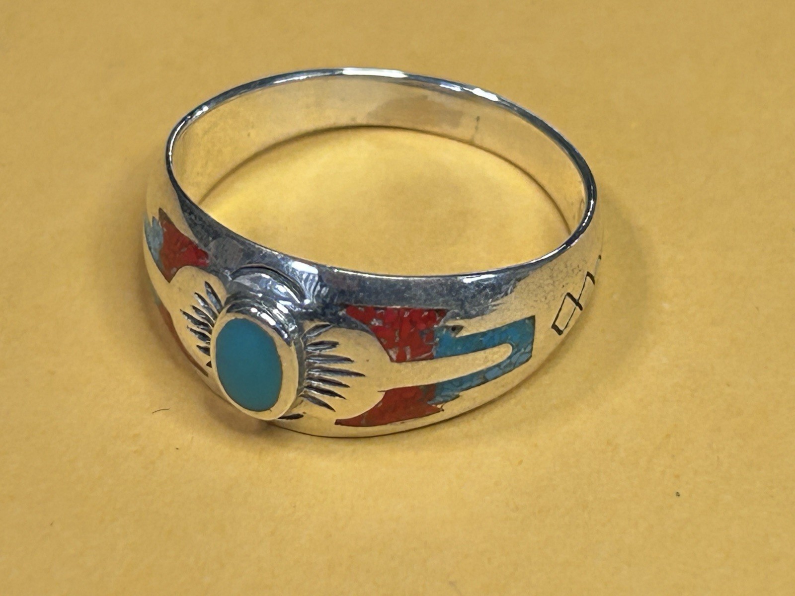 Southwest Silver Ring Native American Indian Style Turquoise with Red Coral