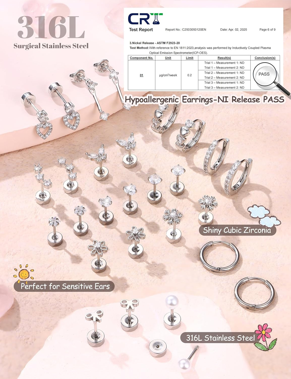 Hypoallergenic Flat Back Earrings for Women Girls-Surgical Stainless Steel Earri