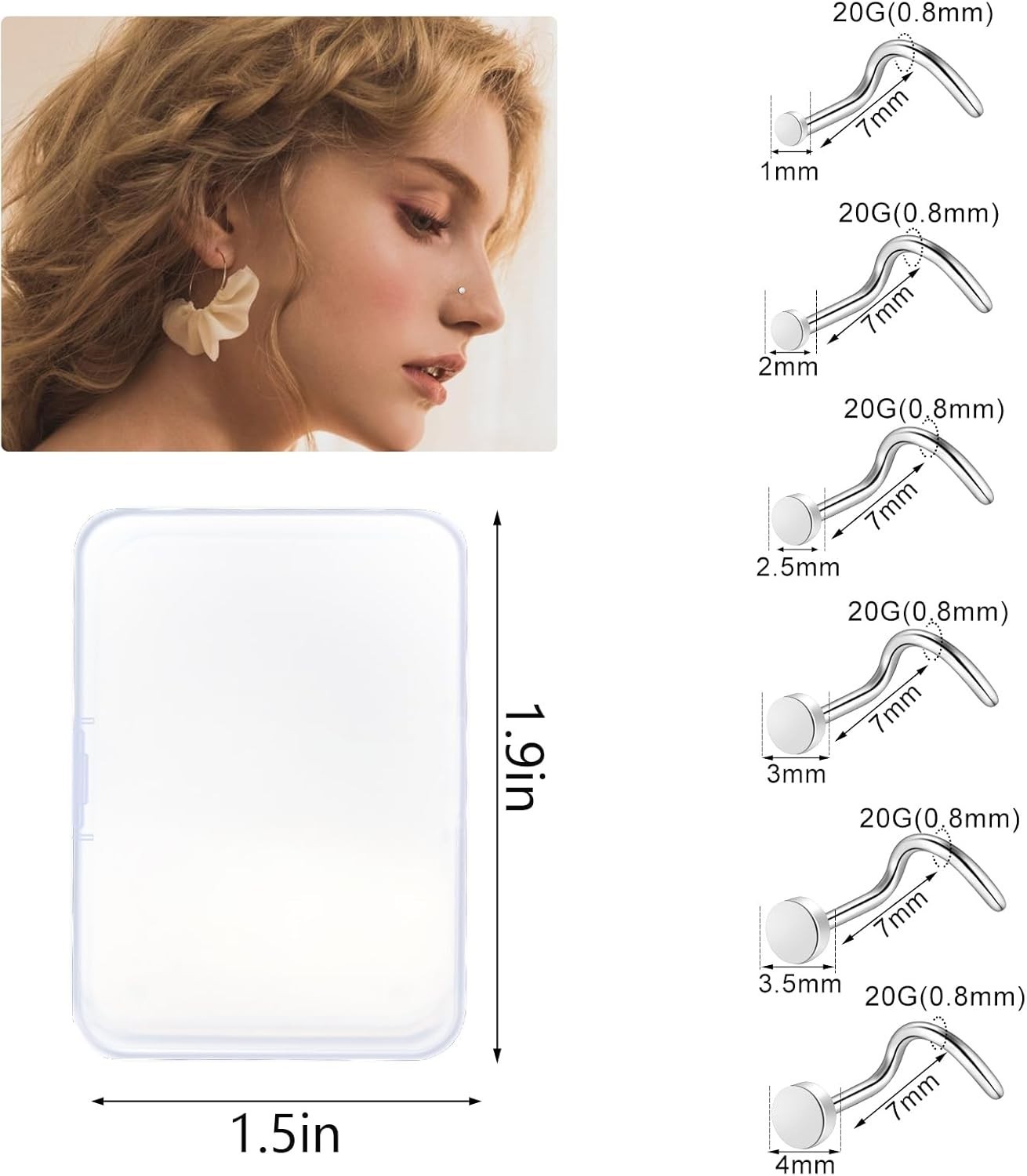 Nose Piercing Jewelry Set of 24 Hypoallergenic Stainless Steel with Screw Design