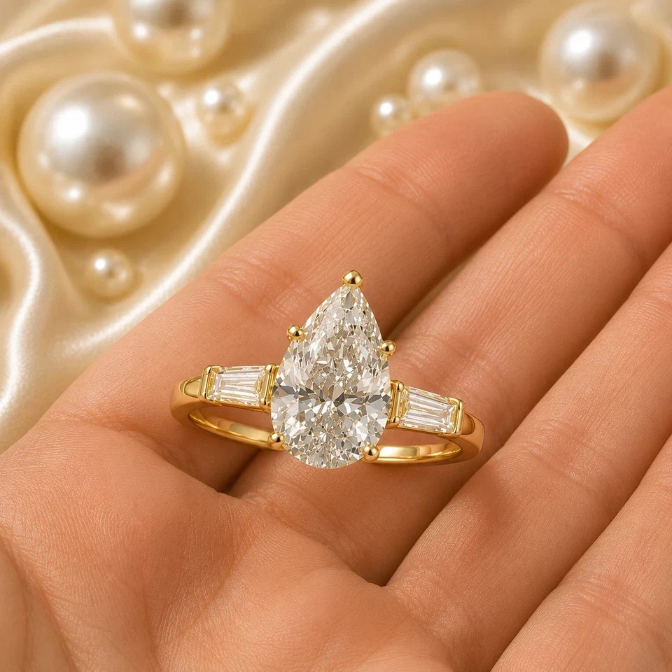 3.20 CT IGI Pear F-VS1 Lab Grown Diamond Women Engagement Ring 14K Yellow Gold