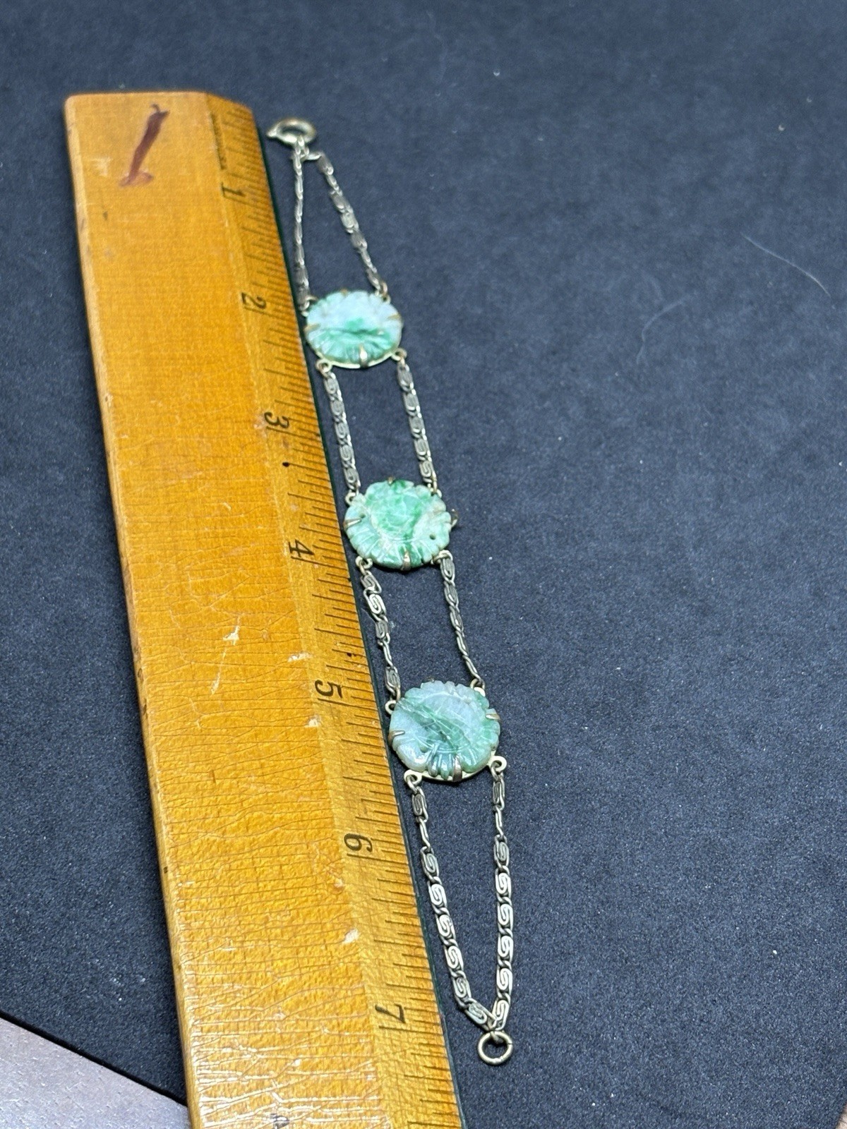 Antique Chinese Export Art Deco Brass Link Carved Jade Disc Chain Bracelet 7”