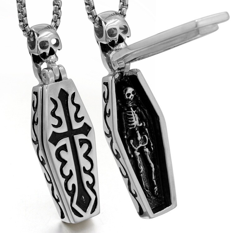 Men’s Silver Skull Skeleton Coffin Pendant Necklace Gothic Jewelry Box Chain 24″