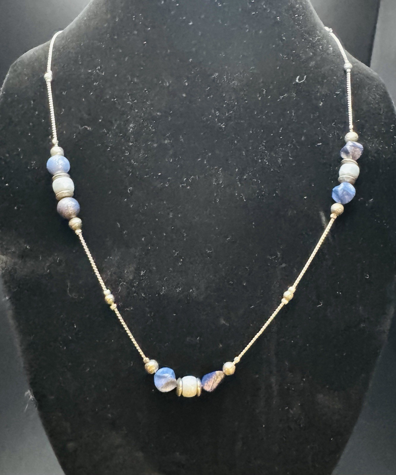 Long Silver Tone Necklace with Blue Stone Beads – Station Style – 26”