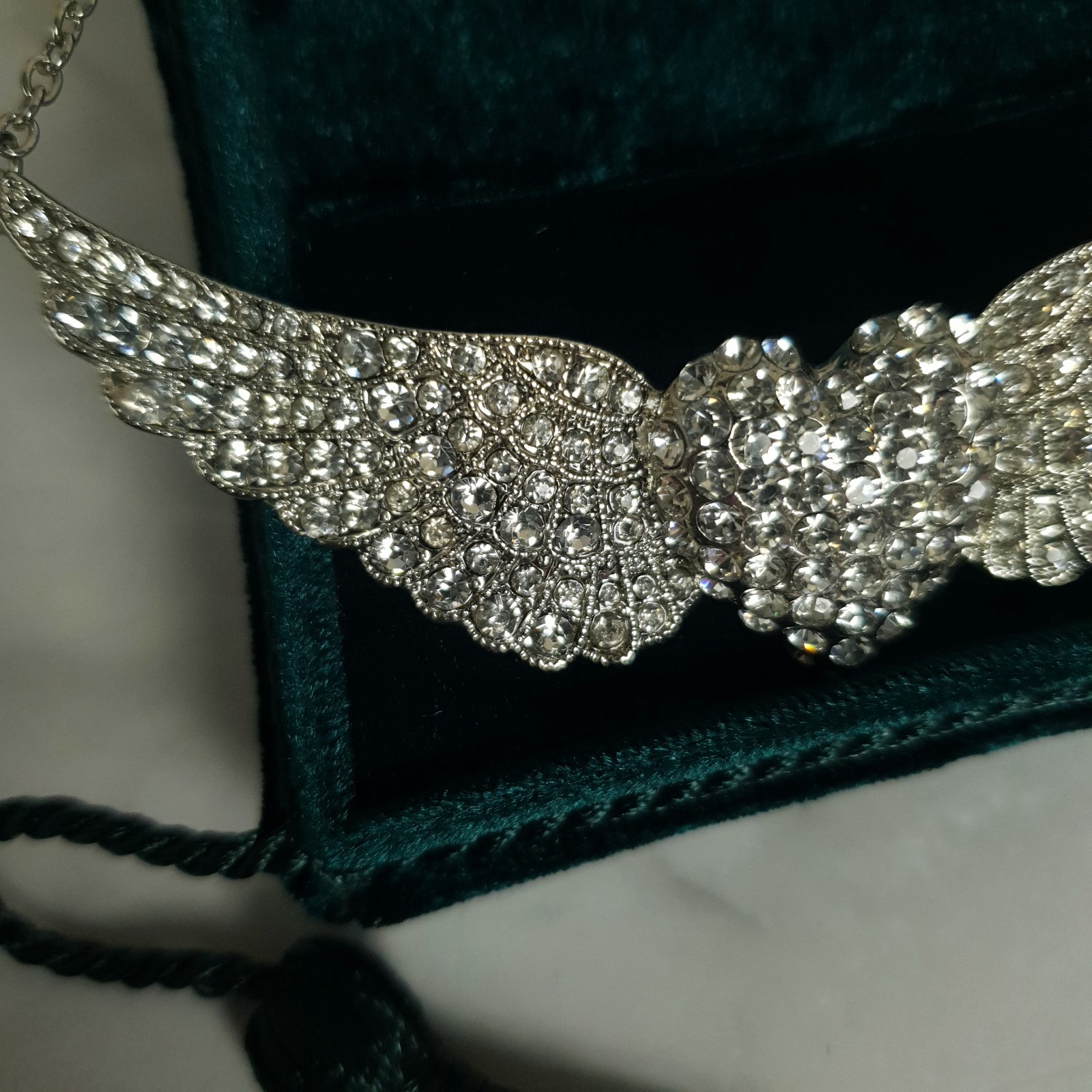 Mikey Crystal Angel Wings Heart Necklace Silver Tone Statement New Unworn Gift