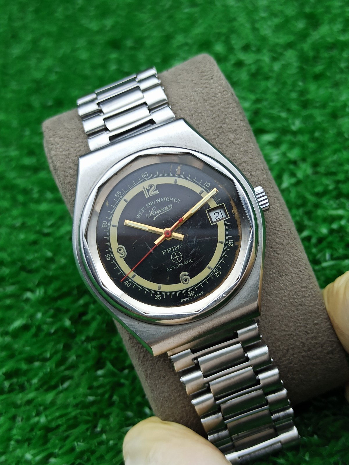 Vintage West End Watch Co Sowar Prima Automatic Swiss Mens Black Dial Watch