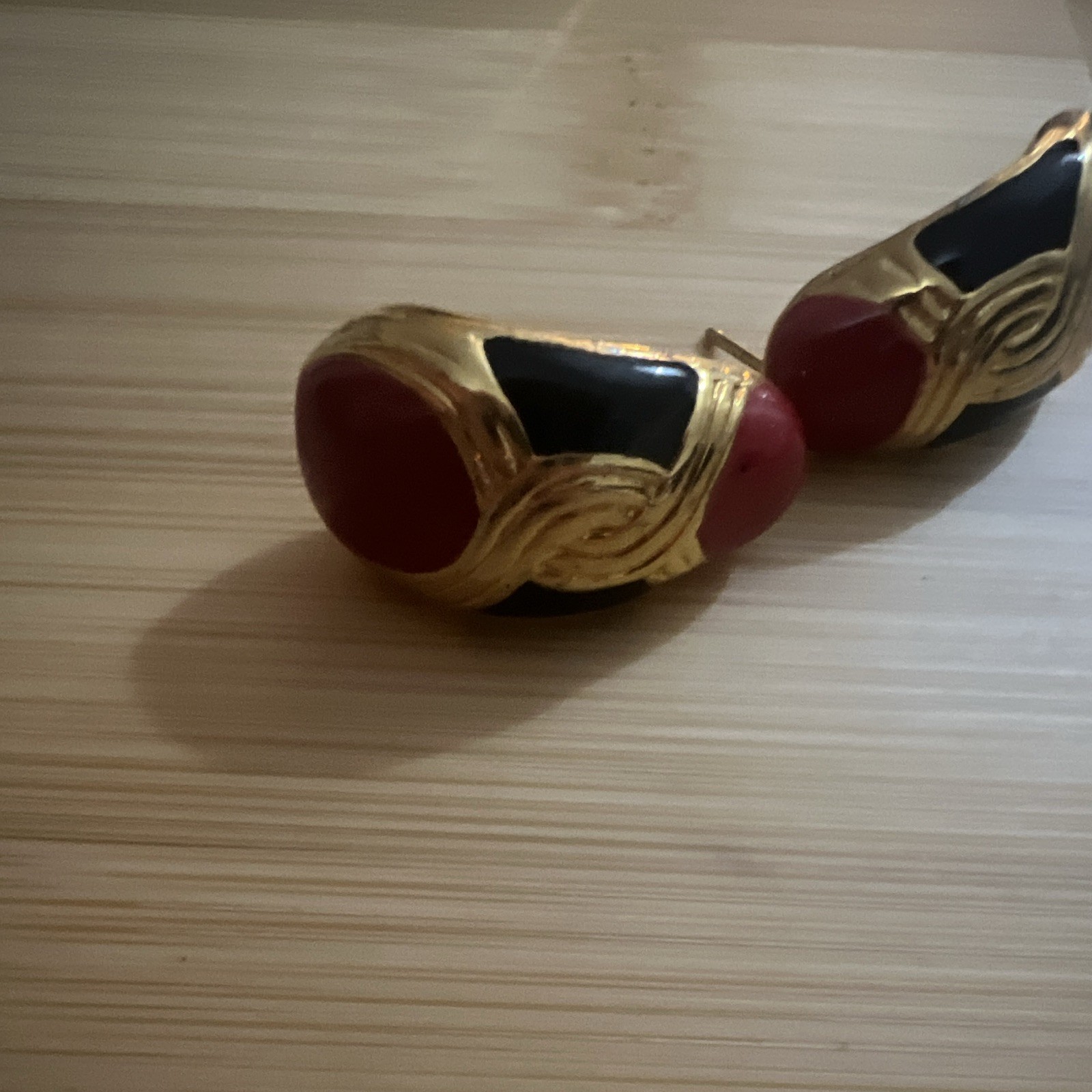 Gold Tone Red & Black Oval Stud Earrings, Bezel Set, Butterfly Back